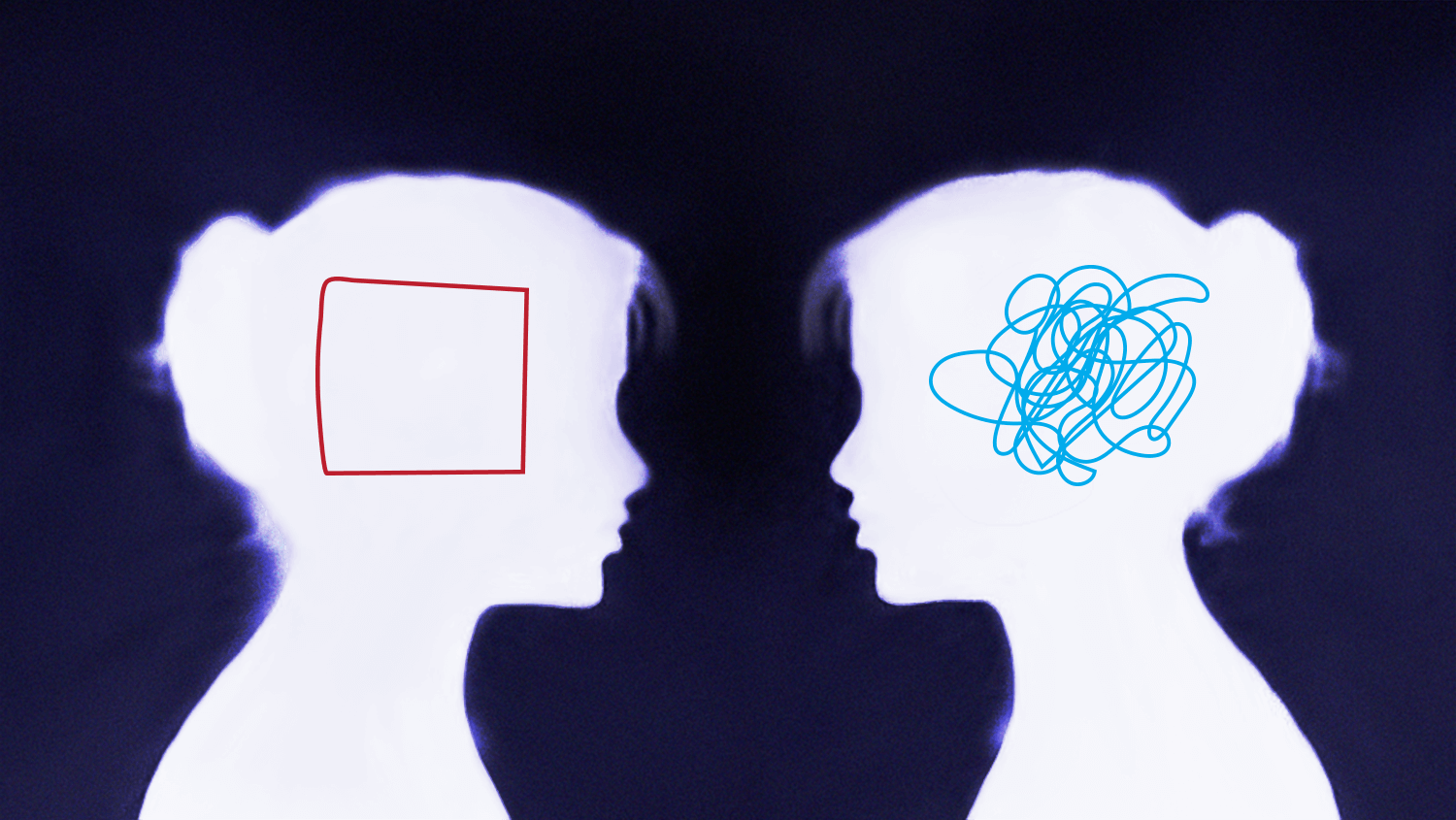 Two heads with scribbles facing each other